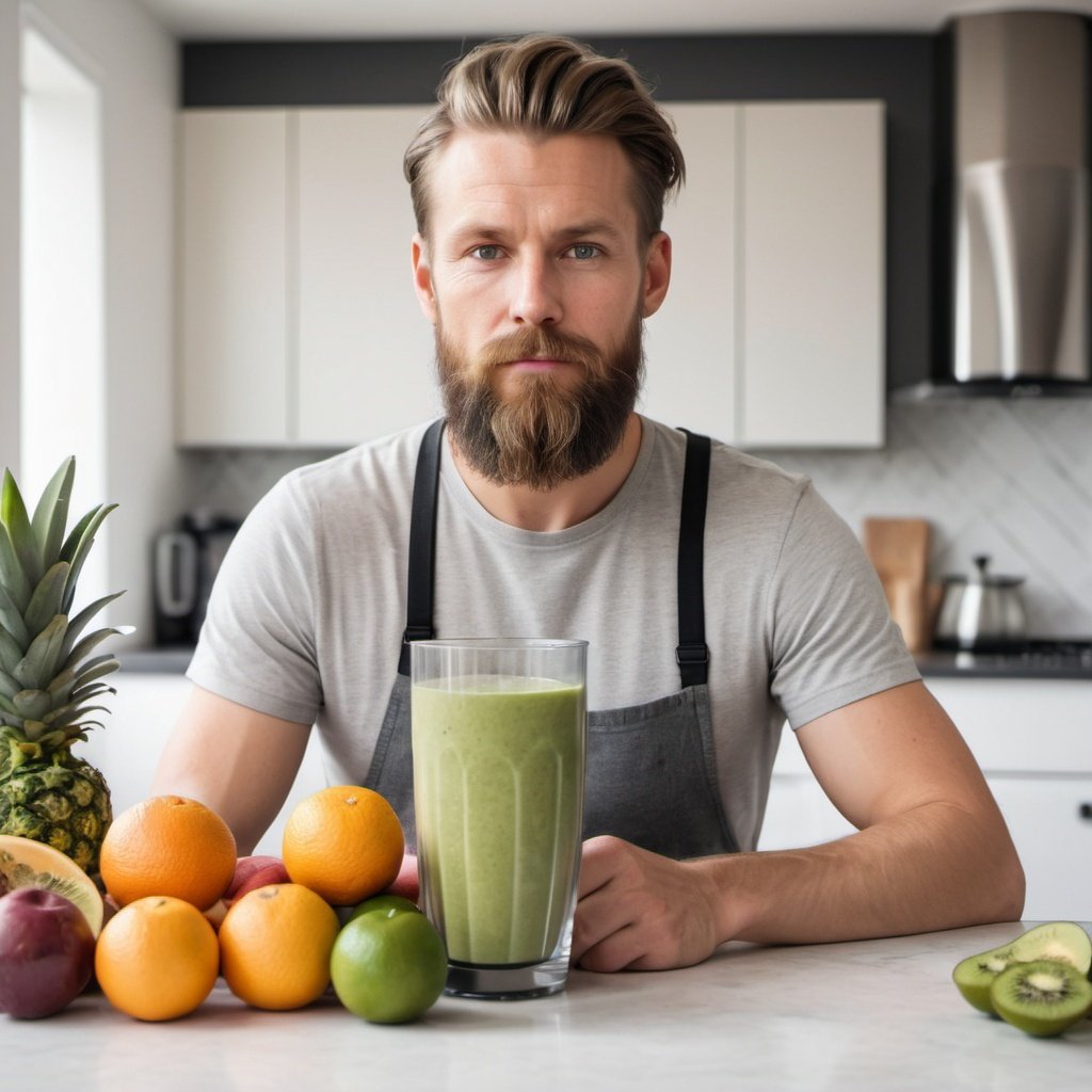 A confident man with a well-groomed beard stands in a modern kitchen, a fresh green smoothie in hand, surrounded by an assortment of vibrant fruits, representing the healthy lifestyle embraced by Smoothie Pro users.