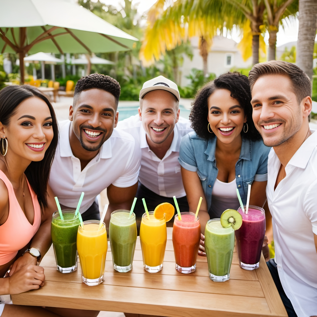A radiant group of friends sharing a moment of joy over a spread of colorful smoothies, symbolizing the unique journey and communal support found within the Smoothie Pro community.